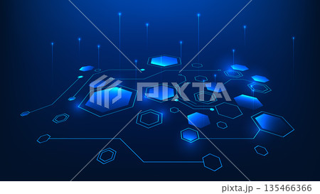 Abstract Technology Background with Connected Hexagonal Geometric Shapes, Digital Network Structure, Modern Innovation Concept for Technology Presentation 135466366