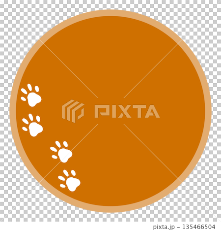 オレンジ色の肉球の足跡があるシンプルな丸いフレーム 135466504