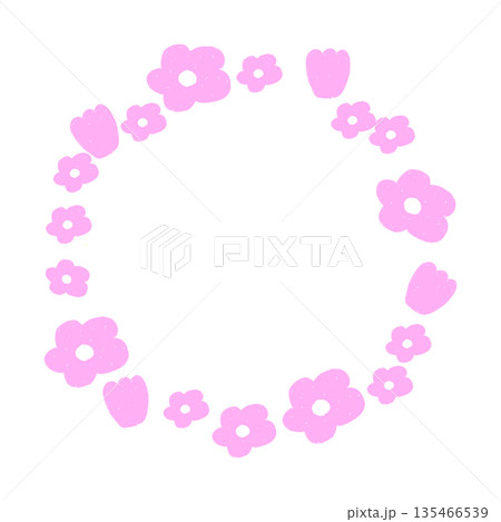 ピンクの花のかわいいリースフレーム　円形・背景透過 135466539