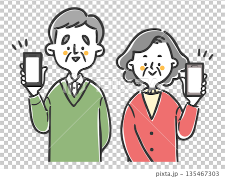 Senior couple holding a smartphone, upper body, vector 135467303