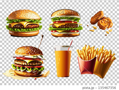 漢堡、雞塊、薯條和柳橙汁插圖集 135467356