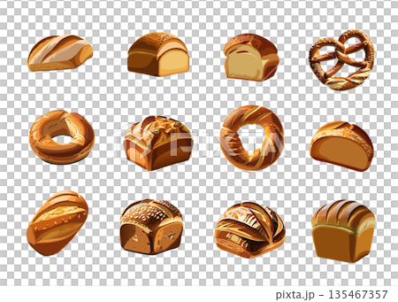 美味麵包、椒鹽捲餅和切片麵包插圖集 135467357
