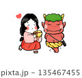節分とバレンタインの手描きのイラスト、かわいいおかめと照れてる鬼 135467455
