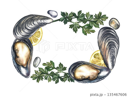 Frame with mussels with lemon and herbs. Handmade watercolor illustration. Colorful image of a gourmet seafood dish. Suitable for menus, recipe books, packaging, labels, and more. Frame with mussels with lemon and herbs. Handmade watercolor illustration. Colorful image of a gourmet seafood dish. Suitable for menus, recipe books, packaging, labels, and more. 135467606