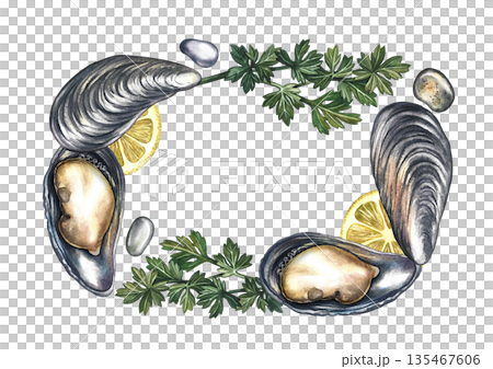Frame with mussels with lemon and herbs. Handmade watercolor illustration. Colorful image of a gourmet seafood dish. Suitable for menus, recipe books, packaging, labels, and more. Frame with mussels with lemon and herbs. Handmade watercolor illustration. Colorful image of a gourmet seafood dish. Suitable for menus, recipe books, packaging, labels, and more. 135467606