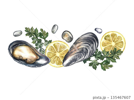 Mussels with lemon and herbs. Hand-drawn watercolor illustration. Horizontal composition of a color image of a gourmet seafood dish. For menus, recipe books, packaging, labels, banners, and flyers. 135467607