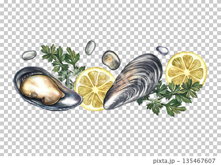 Mussels with lemon and herbs. Hand-drawn watercolor illustration. Horizontal composition of a color image of a gourmet seafood dish. For menus, recipe books, packaging, labels, banners, and flyers. 135467607