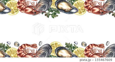 Border frame with shrimp, lemon, mussels, and herbs. Hand-drawn watercolor illustration. Colorful image of a seafood dish. Perfect for menu design, recipe books, packaging, labels, and more. Border frame with shrimp, lemon, mussels, and herbs. Hand-drawn watercolor illustration. Colorful image of a seafood dish. Perfect for menu design, recipe books, packaging, labels, and more. 135467609