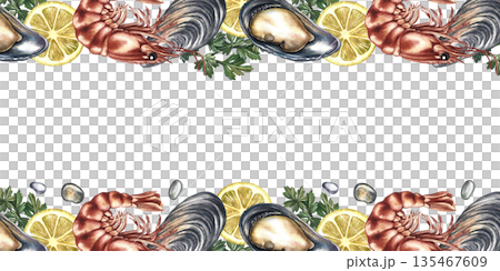 Border frame with shrimp, lemon, mussels, and herbs. Hand-drawn watercolor illustration. Colorful image of a seafood dish. Perfect for menu design, recipe books, packaging, labels, and more. Border frame with shrimp, lemon, mussels, and herbs. Hand-drawn watercolor illustration. Colorful image of a seafood dish. Perfect for menu design, recipe books, packaging, labels, and more. 135467609