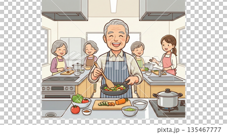 料理教室でエプロン姿の男性 135467777