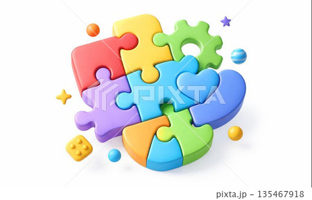カラフルなパズルの組み合わせ　多様性と協力を表す3Dイメージ 135467918