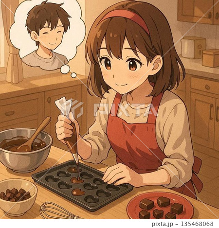 バレンタインチョコ―レートを手作りする女性 135468068