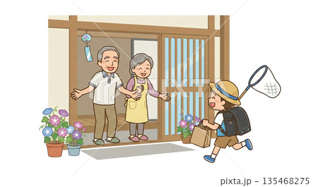 夏休みに帰省した孫を迎える 135468275