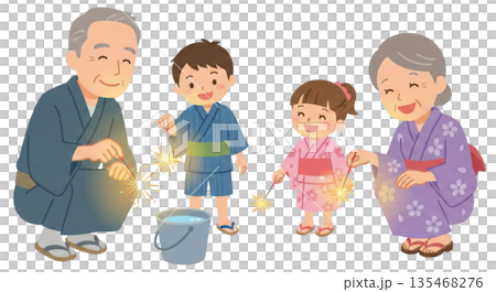 孫と花火をする 135468276