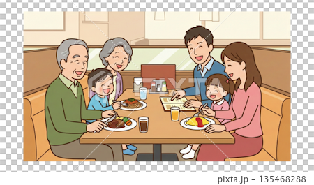 Three generations eating at a family restaurant 135468288