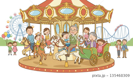 遊園地でメリーゴーランドに乗る 135468309