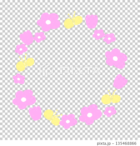 可愛的粉紅色花朵和蝴蝶花環邊框 - 圓形,透明背景 可愛的粉紅色花朵和蝴蝶花環邊框 - 圓形,透明背景 135468866