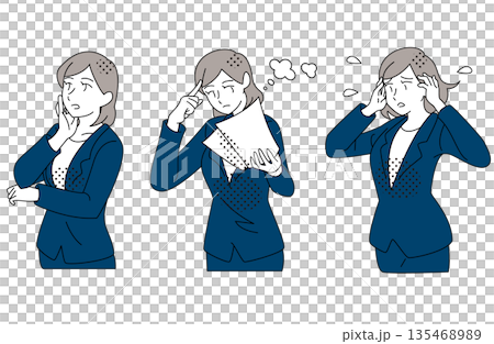 Illustration set of female business people who are worried, thinking, and holding their heads 135468989