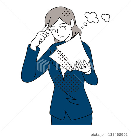 書類を見ながら考え込む女性ビジネスパーソンのイラスト 135468991