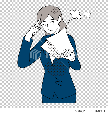 書類を見ながら考え込む女性ビジネスパーソンのイラスト 135468991