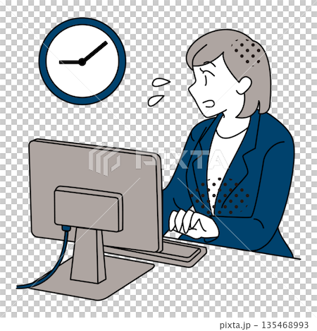 Illustration of a female business person who is pressed for time and is in a hurry Illustration of a female business person who is pressed for time and is in a hurry 135468993