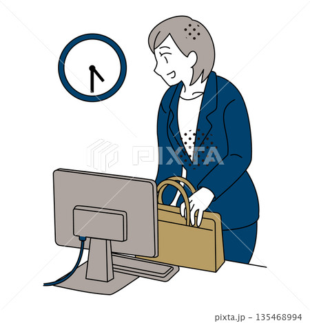 定時で仕事を終えて帰る女性ビジネスパーソンのイラスト 定時で仕事を終えて帰る女性ビジネスパーソンのイラスト 135468994