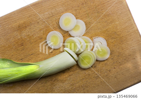 Leek on chopping board 135469066