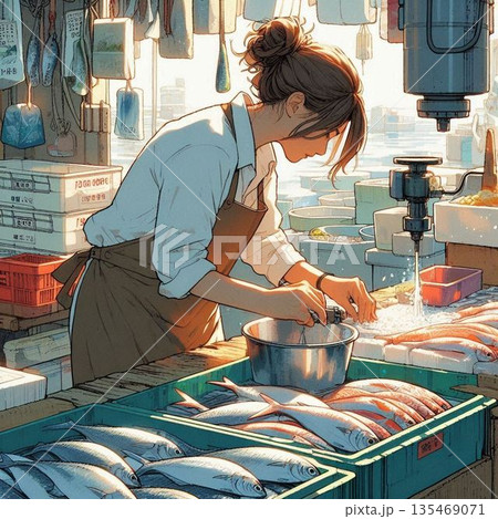 市場で働く女性、魚市場で働く女性 市場で働く女性、魚市場で働く女性 135469071