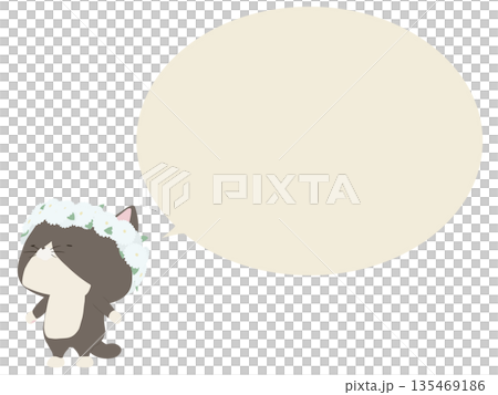 A brown-haired cat wearing a flower crown. With speech bubble. 135469186