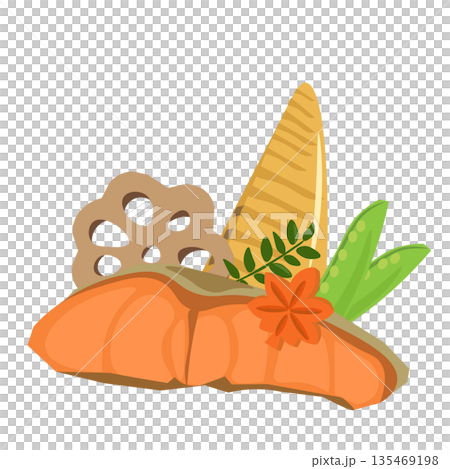 Illustration of grilled salmon and simmered dishes inspired by Japanese cuisine Illustration of grilled salmon and simmered dishes inspired by Japanese cuisine 135469198