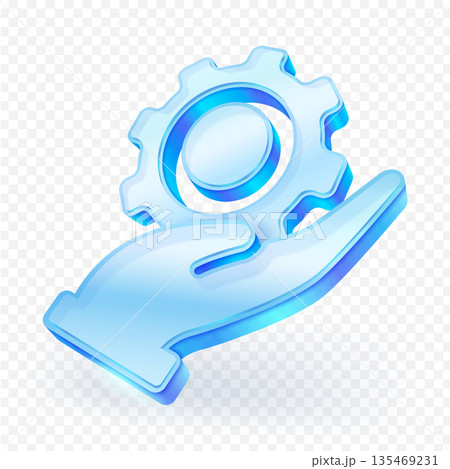 3D glass icon of a human hand holding a cogwheel. Concept for customer service, settings, maintenance, solution, support or technological assistance. Vector illustration. 135469231