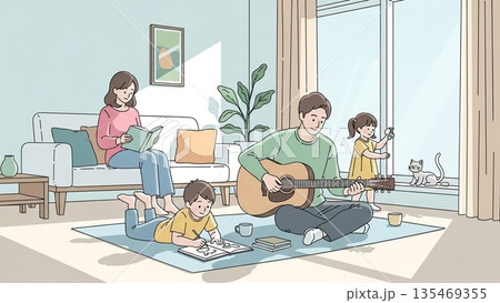 光が差し込むリビングで、家族の楽しい時間 135469355