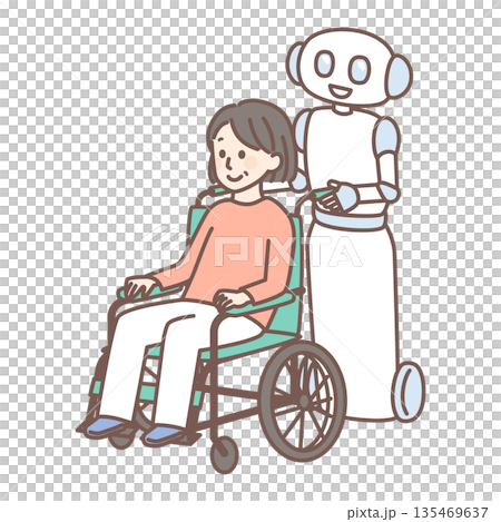 A woman receiving nursing care assistance from a robot 135469637