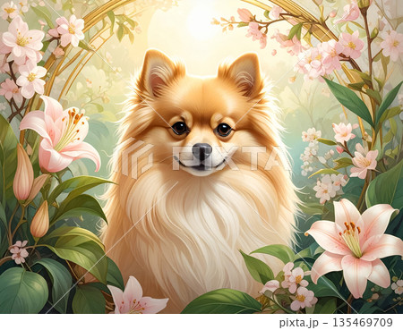 花と光に包まれたポメラニアンのイラスト 135469709