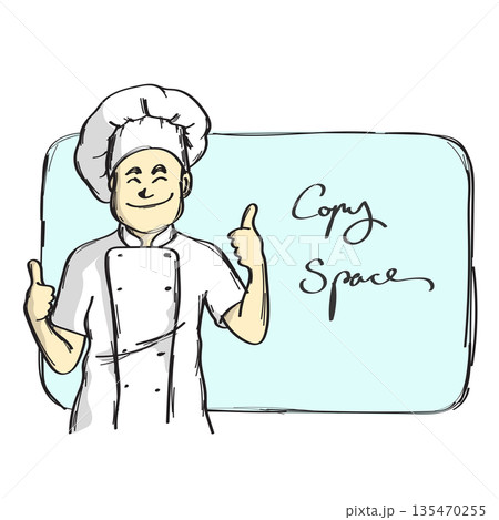 male chef giving thumbs up on blue copy space illustration vector sketch with black lines 135470255