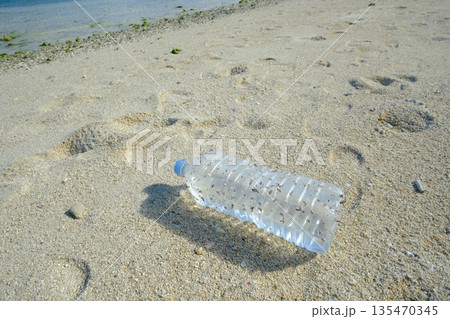 海岸に漂着した貝がついたペットボトル 海岸に漂着した貝がついたペットボトル 135470345