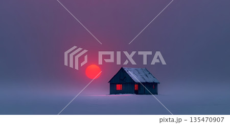 Snowy cabin tranquility, Frozen landscape with glowing sunset, Silent snowy cabin beneath pink sunset. Lonelines Snowy cabin tranquility, Frozen landscape with glowing sunset, Silent snowy cabin beneath pink sunset. Lonelines 135470907