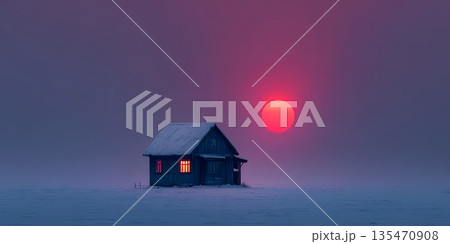 Snowy cabin tranquility, Frozen landscape with glowing sunset, Silent snowy cabin beneath pink sunset. Lonelines 135470908