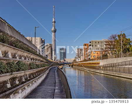 東京スカイツリーを望む北十間川の遊歩道と川面(東京都江東区・墨田区) 東京スカイツリーを望む北十間川の遊歩道と川面(東京都江東区・墨田区) 135470913
