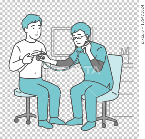 スクラブを着た男性医師による胸部の聴診・内科診察のイラスト 135471024