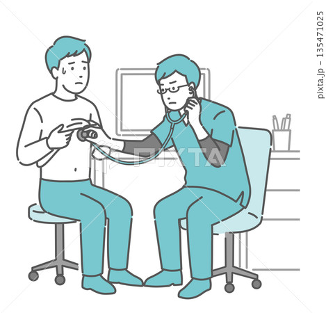 聴診を受ける冷や汗をかいた男性患者と深刻な表情の医師のイラスト 135471025