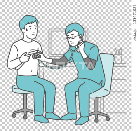 Illustration of a sweaty male patient receiving auscultation and a doctor with a serious expression 135471025