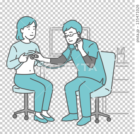 Illustration of a male doctor wearing a scrub auscultating and examining a female patient 135471026