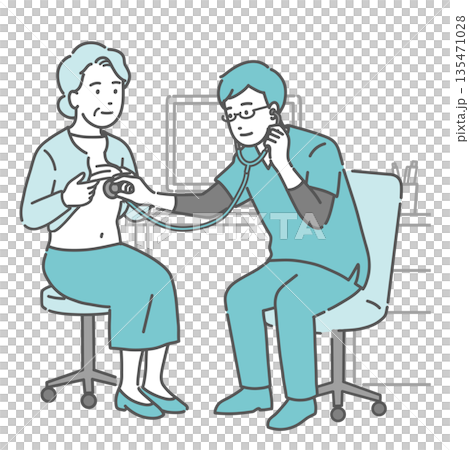 Illustration of auscultation and internal medicine examination of an elderly woman by a male doctor wearing a scrub Illustration of auscultation and internal medicine examination of an elderly woman by a male doctor wearing a scrub 135471028