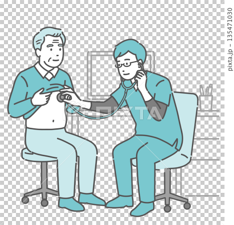 スクラブを着た男性医師による高齢男性の聴診・内科診察のイラスト スクラブを着た男性医師による高齢男性の聴診・内科診察のイラスト 135471030