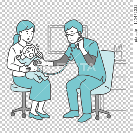 Illustration of a crying baby and a worried mother and doctor during auscultation 135471033