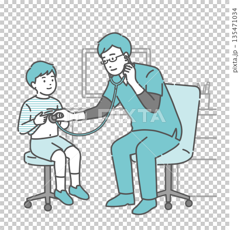Illustration of a pediatric examination of a boy by a male doctor wearing a scrub 135471034
