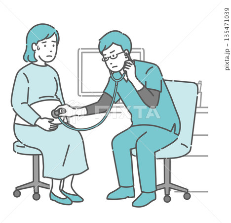 聴診を受ける冷や汗をかいた妊婦と深刻な表情の医師のイラスト 135471039