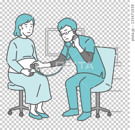 聴診を受ける冷や汗をかいた妊婦と深刻な表情の医師のイラスト 135471039