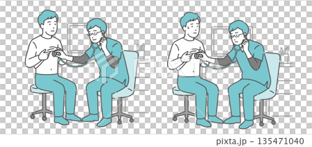 Illustration set of auscultation of a male patient by a male doctor wearing a scrub (normal, abnormal, unwell) Illustration set of auscultation of a male patient by a male doctor wearing a scrub (normal, abnormal, unwell) 135471040